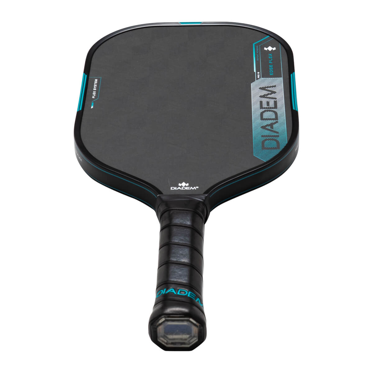Top-down view of a black pickleball paddle with blue accents, showing the "DIADEM" logo and "EDGE FLEX" text.