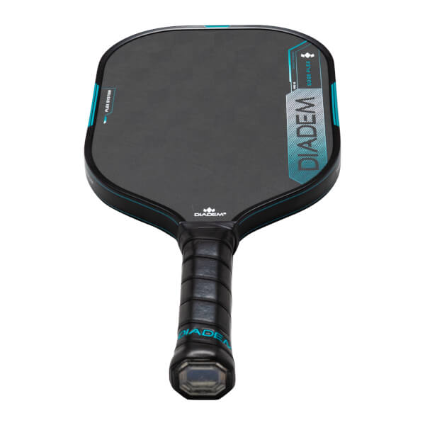 Top-down view of a black pickleball paddle with blue accents, showing the "DIADEM" logo and "EDGE FLEX" text.