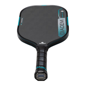 Top-down view of a black pickleball paddle with blue accents, showing the "DIADEM" logo and "EDGE FLEX" text.