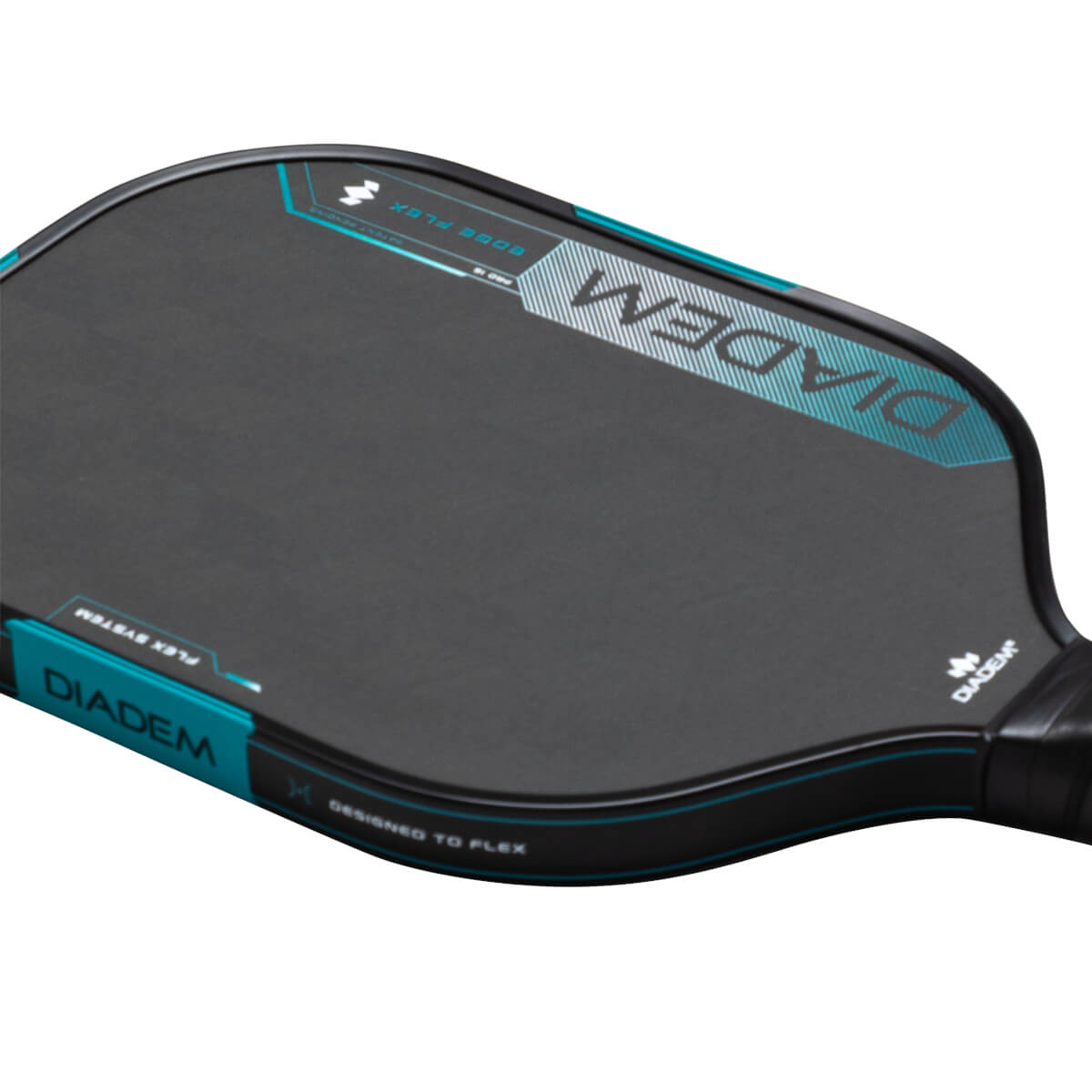 Corner view of a black pickleball paddle with teal accents and "DIADEM" text.