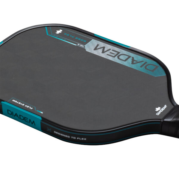 Corner view of a black pickleball paddle with teal accents and "DIADEM" text.