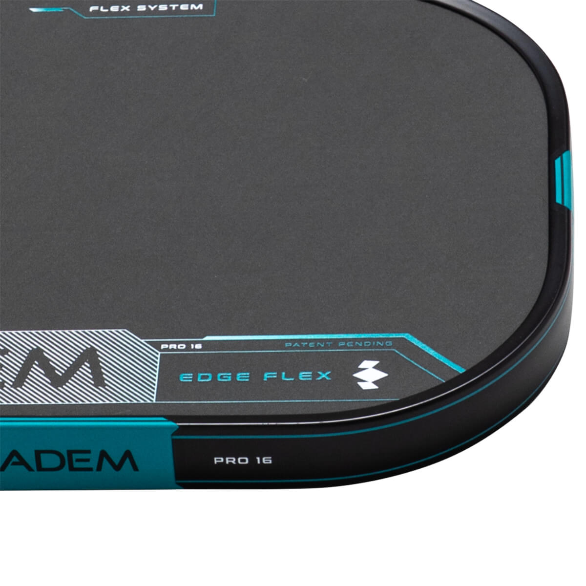 Corner view of a black paddle with "FLEX SYSTEM" and "EDGE FLEX" text in blue, and "PRO 16" visible.