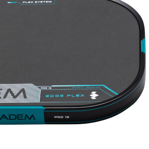 Corner view of a black paddle with "FLEX SYSTEM" and "EDGE FLEX" text in blue, and "PRO 16" visible.