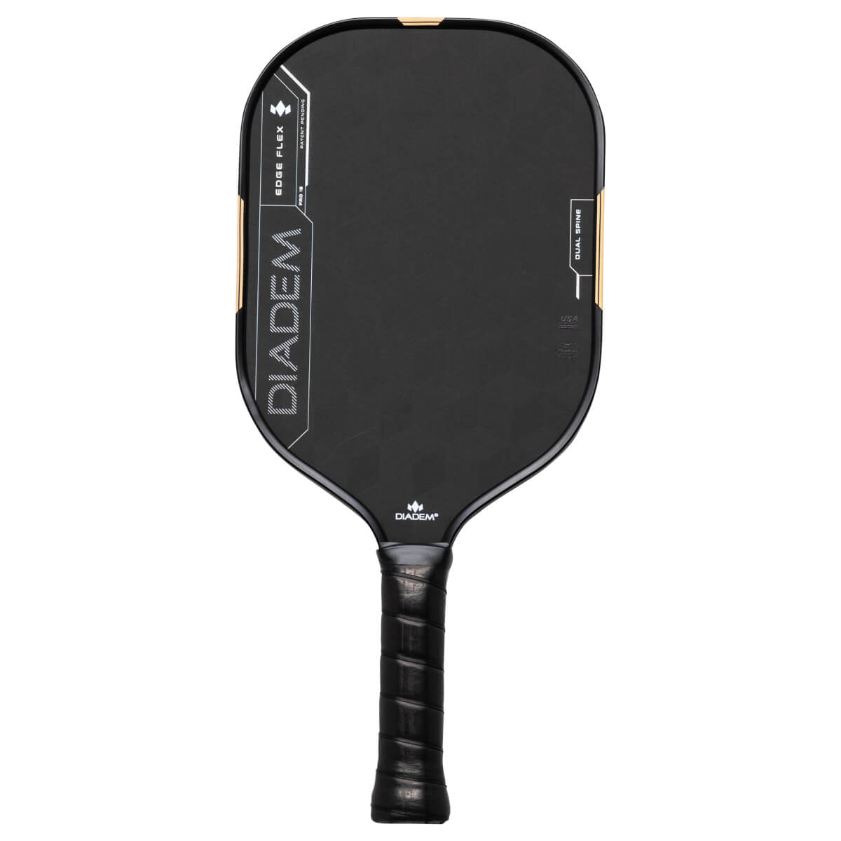 Front view of a black pickleball paddle with gold accents, showing "DIADEM" and "EDGE FLEX" text.