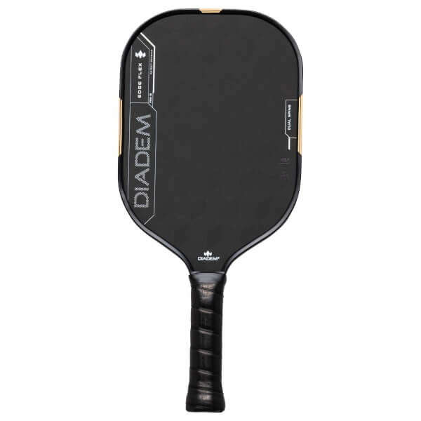Front view of a black pickleball paddle with gold accents, showing "DIADEM" and "EDGE FLEX" text.