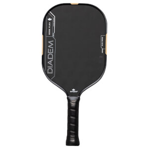 Front view of a black pickleball paddle with gold accents, showing "DIADEM" and "EDGE FLEX" text.
