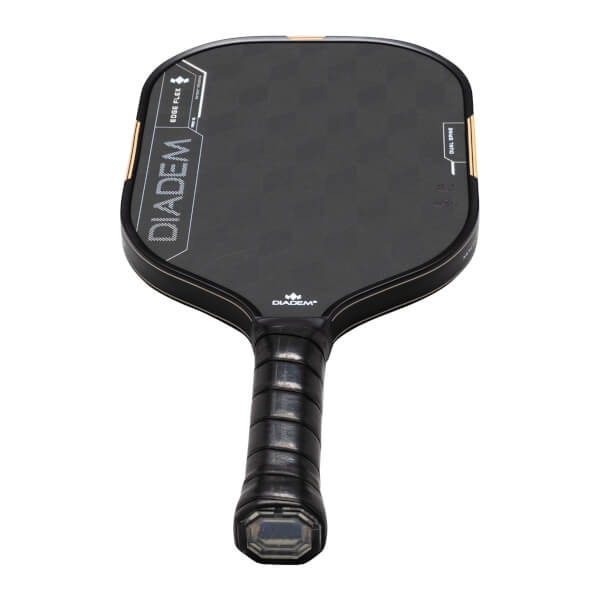 Top-down view of a black DIADEM pickleball paddle with gold trim, showing "EDGE FLEX" and "DUAL SPINE" text.