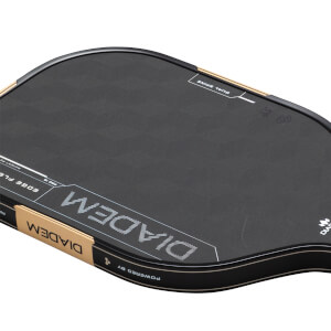 Top-down view of a black paddle with gold trim, showing "DIADEM" and "DUAL SPINE" text.