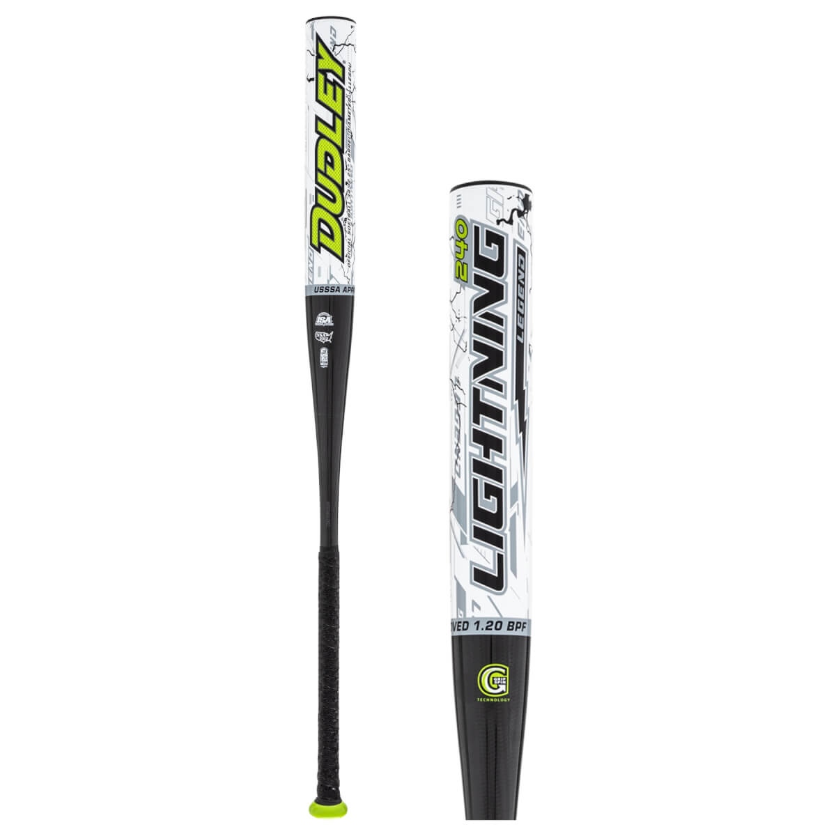 Front and close-up views of a white Dudley Lightning Legend 240 softball bat featuring neon yellow and black graphics, a black textured handle, and Grip Spin technology.