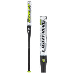 Front and close-up views of a white Dudley Lightning Legend 240 softball bat featuring neon yellow and black graphics, a black textured handle, and Grip Spin technology.