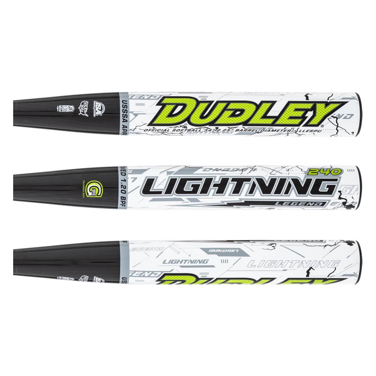 Horizontal views of three softball bat rotations showing white barrels with neon yellow "DUDLEY" text, black "LIGHTNING" text, and grey graphic patterns.