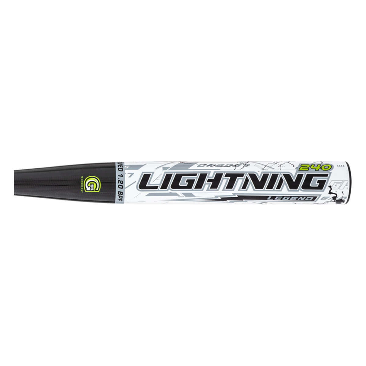 Side view of a white softball bat barrel featuring "LIGHTNING LEGEND 240" text in black and neon yellow over grey geometric patterns.