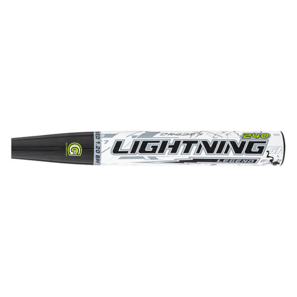 Side view of a white softball bat barrel featuring "LIGHTNING LEGEND 240" text in black and neon yellow over grey geometric patterns.