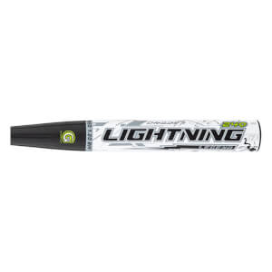 Side view of a white softball bat barrel featuring "LIGHTNING LEGEND 240" text in black and neon yellow over grey geometric patterns.