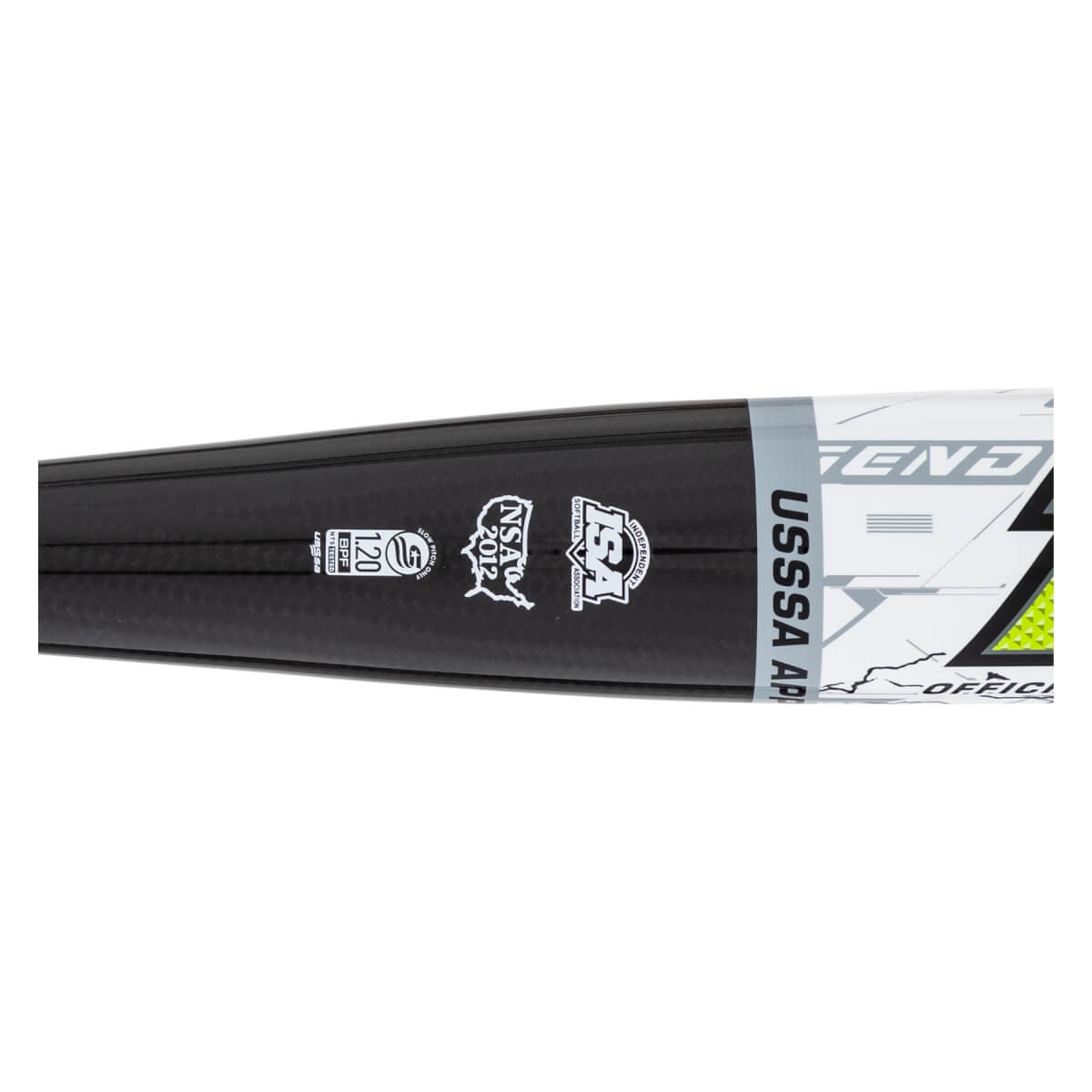 Close-up of the black carbon fiber bat barrel featuring official stamps for USSSA, ISA, NSA 2012, and 1.20 BPF SLOW PITCH ONLY.