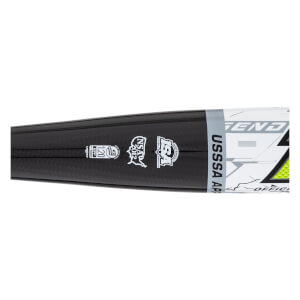 Close-up of the black carbon fiber bat barrel featuring official stamps for USSSA, ISA, NSA 2012, and 1.20 BPF SLOW PITCH ONLY.
