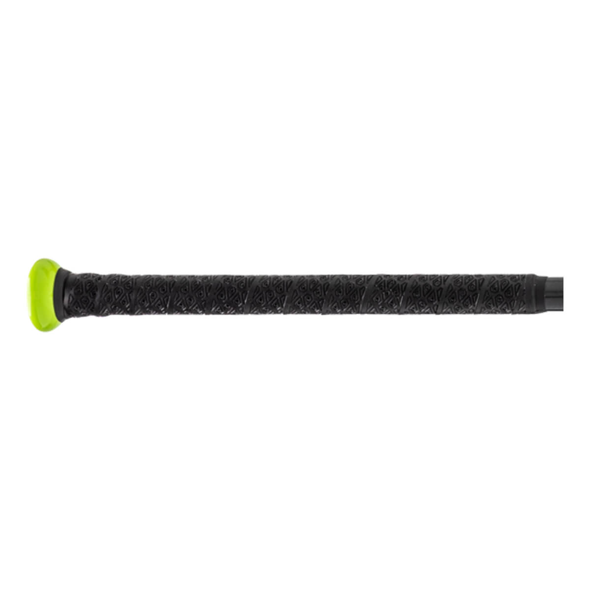 Side view of a bat handle featuring a black textured geometric grip and a vibrant lime green knob.