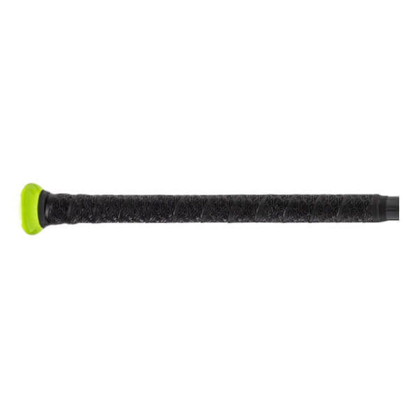 Side view of a bat handle featuring a black textured geometric grip and a vibrant lime green knob.