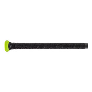 Side view of a bat handle featuring a black textured geometric grip and a vibrant lime green knob.