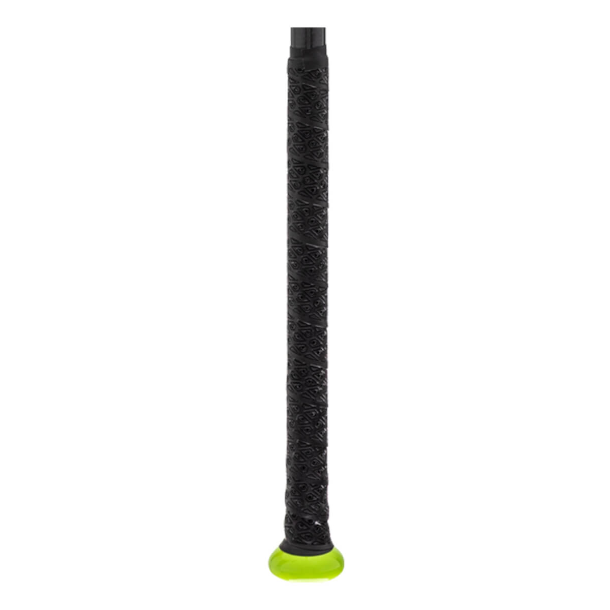 Close-up view of a black bat handle featuring a textured grip and a translucent neon green knob.