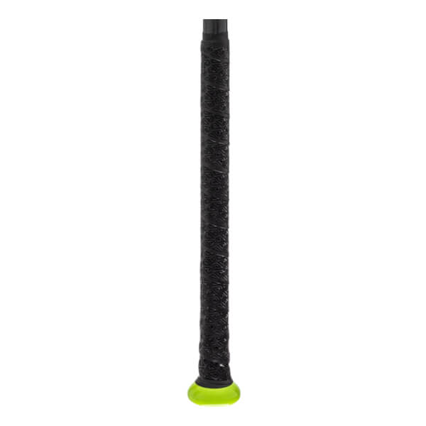 Close-up view of a black bat handle featuring a textured grip and a translucent neon green knob.