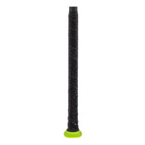 Close-up view of a black bat handle featuring a textured grip and a translucent neon green knob.
