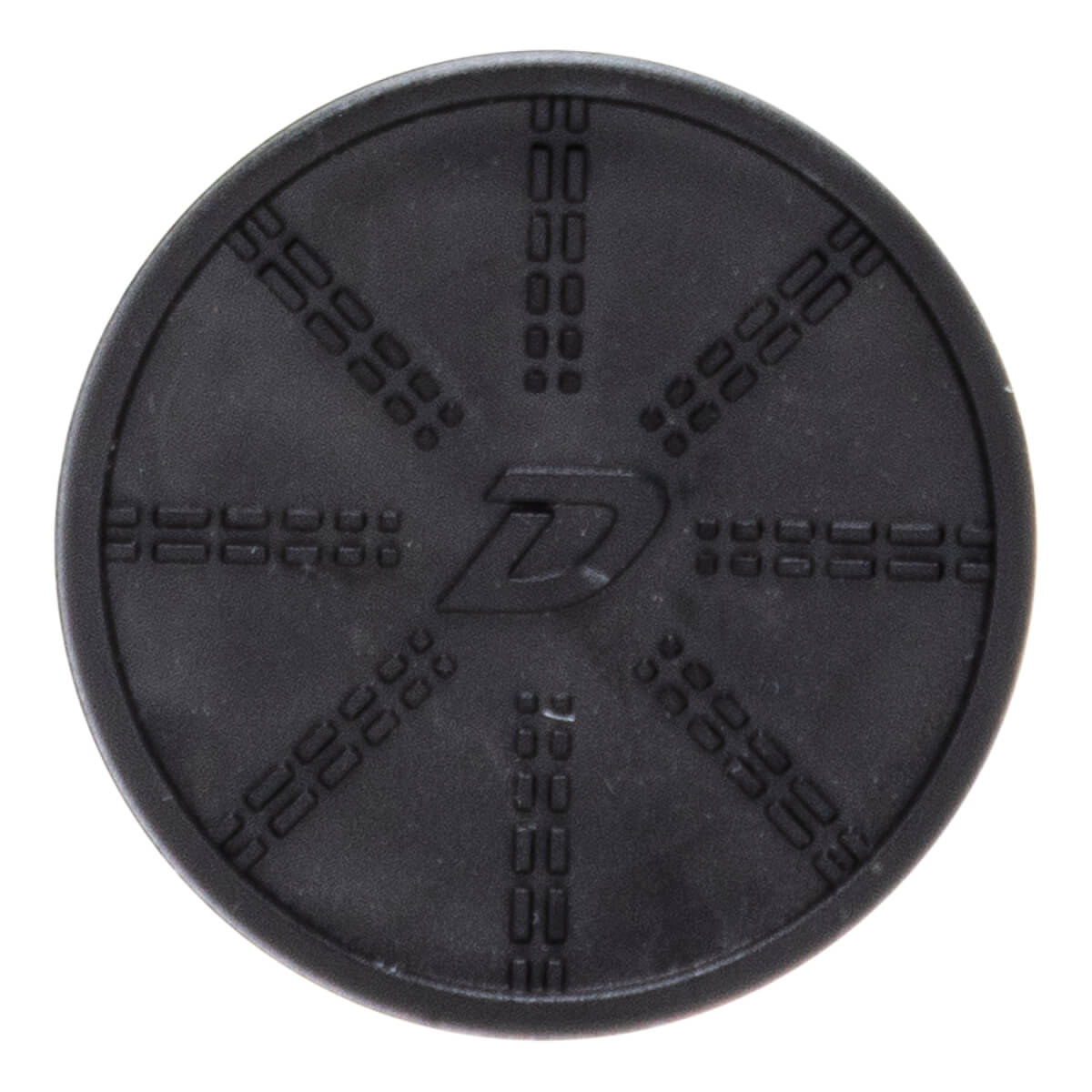 Top-down view of a circular black rubber disc featuring a stylized "D" in the center surrounded by eight radial patterns of embossed dashed lines.