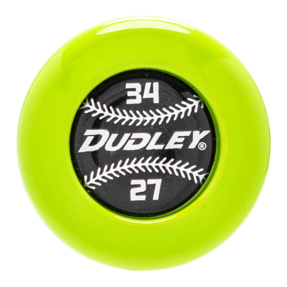 Top-down view of the lime green bat knob featuring a black center with the brand name DUDLEY, the numbers 34 and 27, and two white baseball stitch patterns.