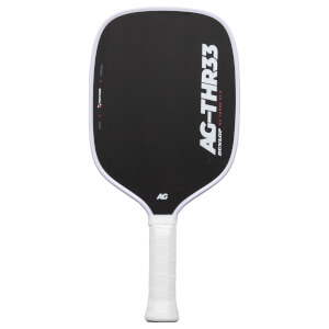 Front view of a black pickleball paddle with a white trim and handle, featuring large vertical "AG-THR33" and "DUNLOP" text in white along the side of the face.
