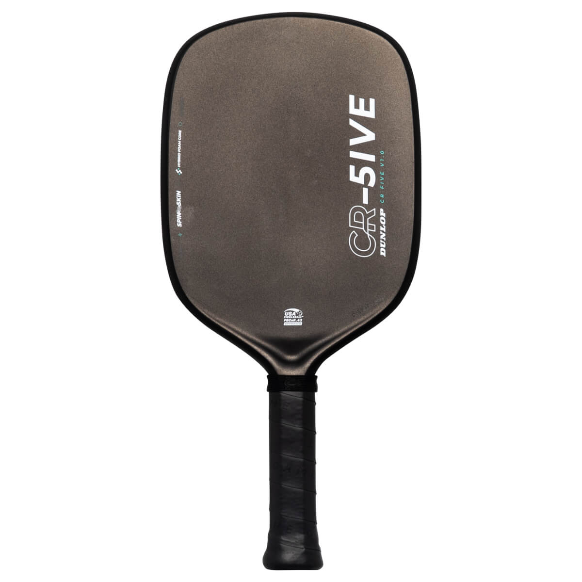 Front view of a dark grey pickleball paddle featuring "CR-5IVE" and "DUNLOP" text in white on the right side of its textured face and a black wrapped handle.
