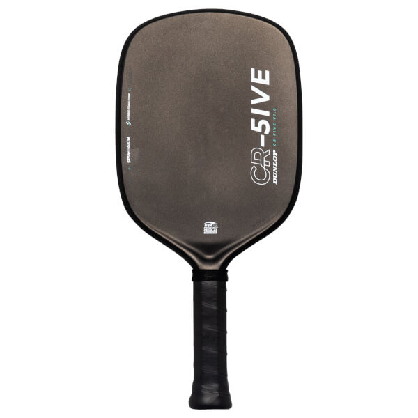 Front view of a dark grey pickleball paddle featuring "CR-5IVE" and "DUNLOP" text in white on the right side of its textured face and a black wrapped handle.