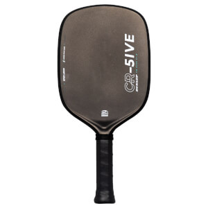 Front view of a dark grey pickleball paddle featuring "CR-5IVE" and "DUNLOP" text in white on the right side of its textured face and a black wrapped handle.