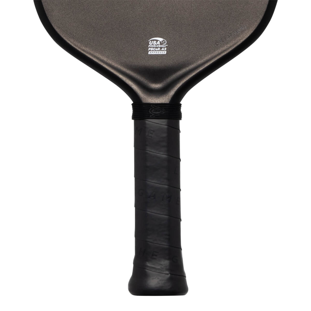 Close-up of the paddle throat and handle showing a USA Pickleball Approved logo and the word "GAME" debossed on the black handle grip.