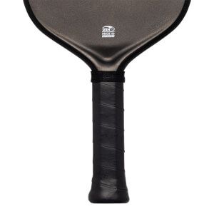 Close-up of the paddle throat and handle showing a USA Pickleball Approved logo and the word "GAME" debossed on the black handle grip.