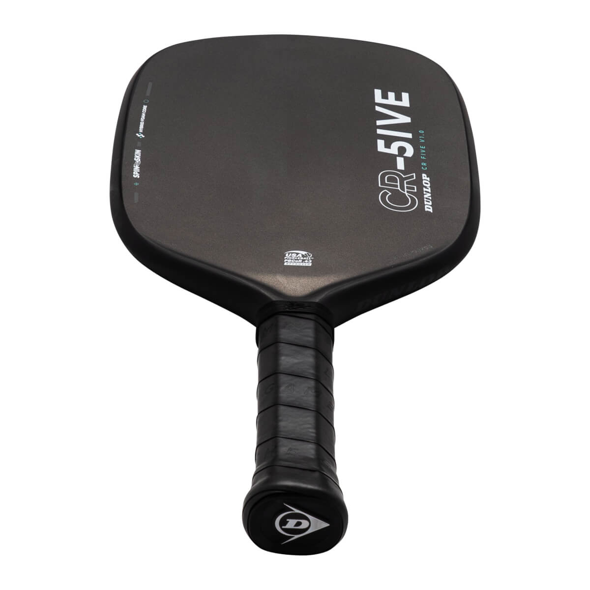 Angled front view of a black Dunlop CR-5IVE pickleball paddle featuring white branding on the face and the Dunlop logo on the handle's end cap.