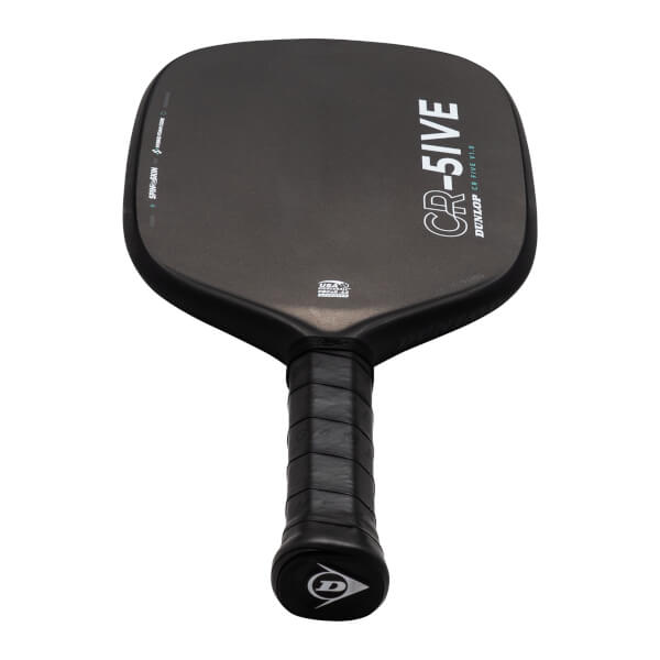 Angled front view of a black Dunlop CR-5IVE pickleball paddle featuring white branding on the face and the Dunlop logo on the handle's end cap.