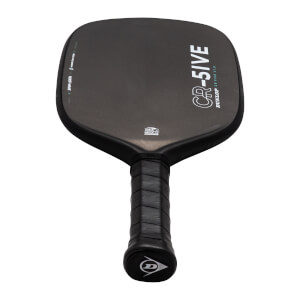 Angled front view of a black Dunlop CR-5IVE pickleball paddle featuring white branding on the face and the Dunlop logo on the handle's end cap.