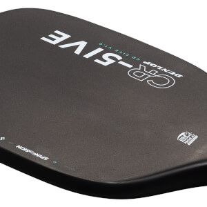 Close-up view of the black paddle face featuring white and teal DUNLOP CR-FIVE V1.0 branding, SPIN SKIN along the edge, and the USA Pickleball logo.