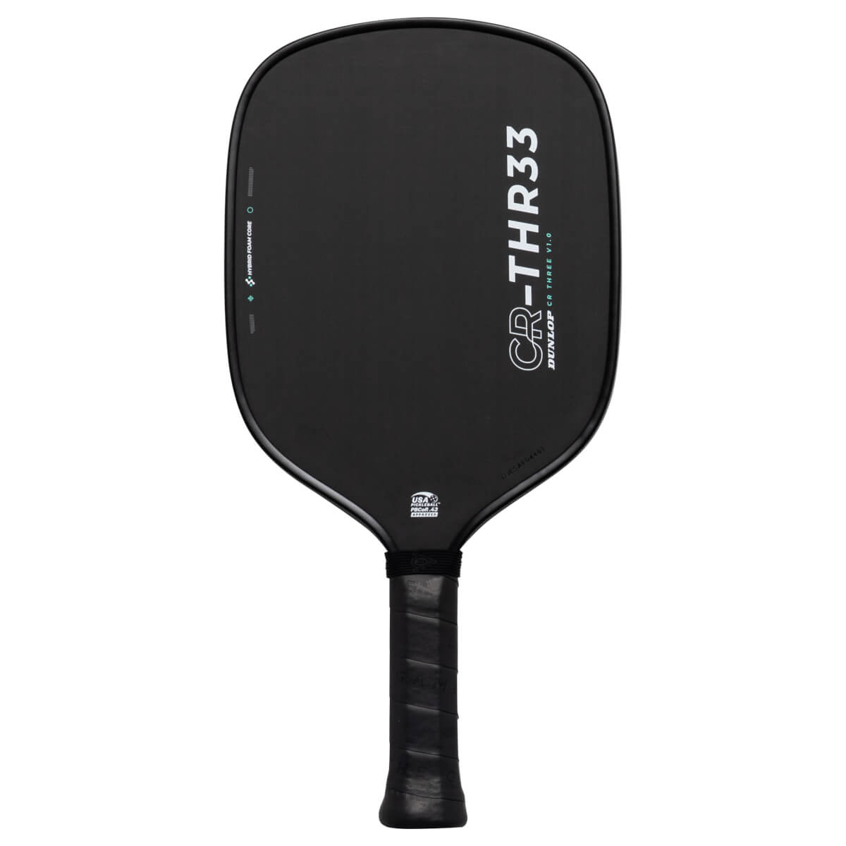 Front view of a black pickleball paddle featuring CR-THR33 and DUNLOP text on the face with a matching black grip.