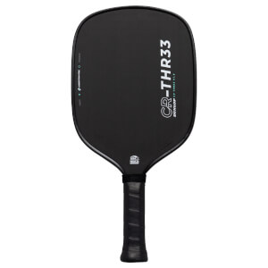 Front view of a black pickleball paddle featuring CR-THR33 and DUNLOP text on the face with a matching black grip.