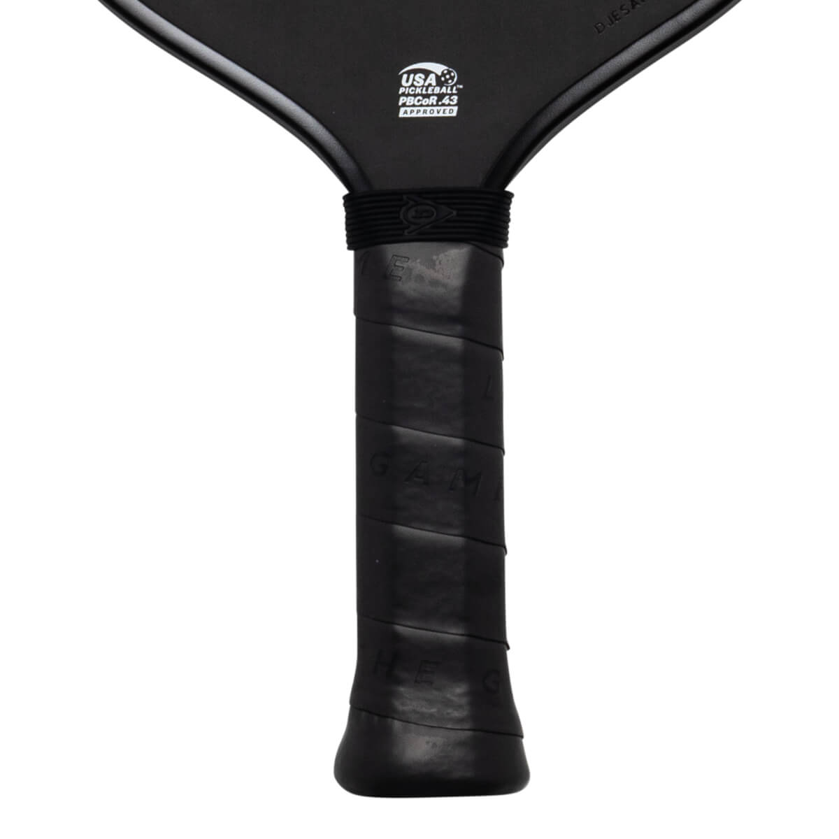 Close-up of the black paddle handle and lower face, featuring a white USA PICKLEBALL PBCoR.43 APPROVED logo and textured black grip tape.