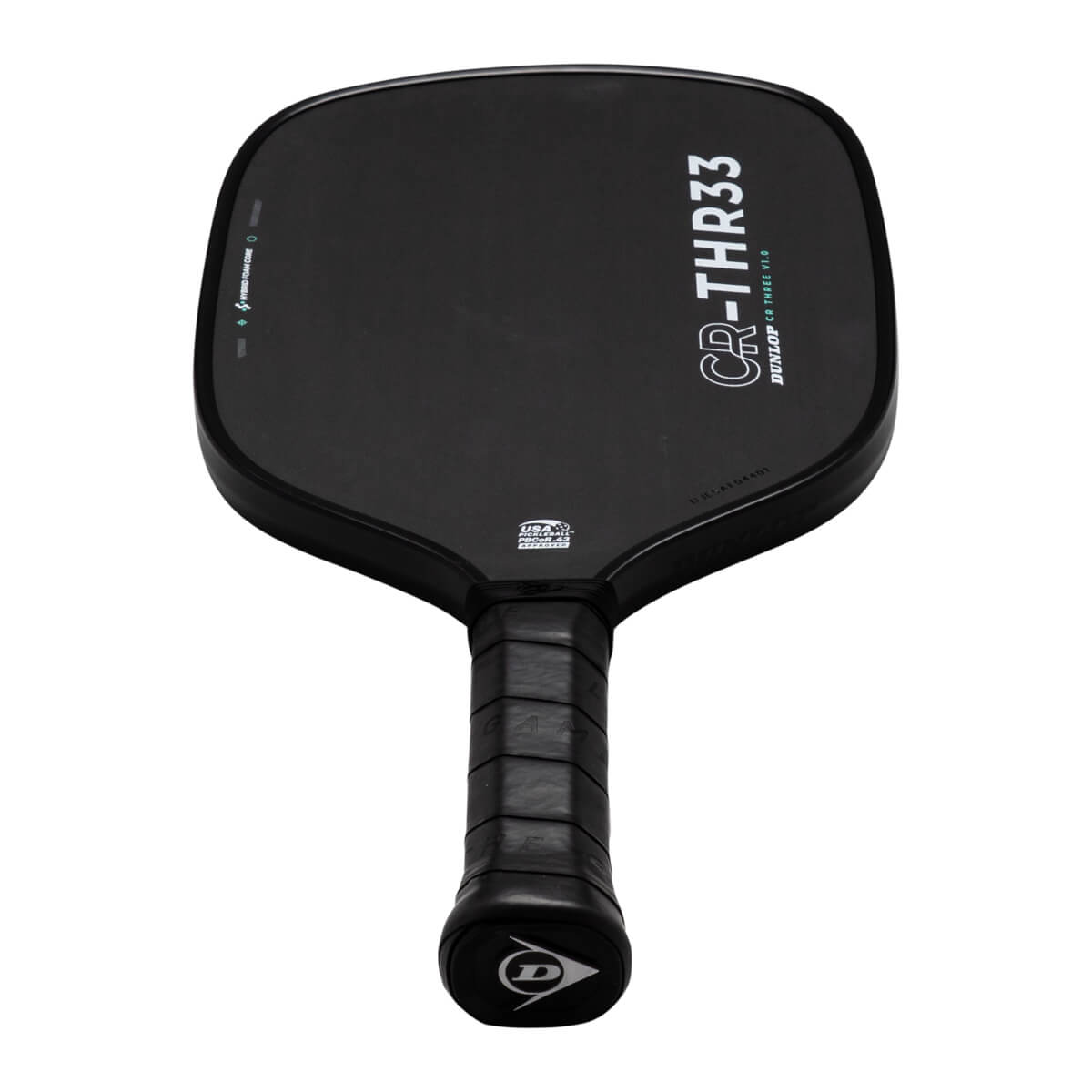 Front view of a black pickleball paddle with CR-THR33 and Dunlop branding on the face and a USA Pickleball Approved seal above a black wrapped handle.