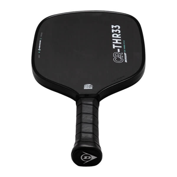 Front view of a black pickleball paddle with CR-THR33 and Dunlop branding on the face and a USA Pickleball Approved seal above a black wrapped handle.