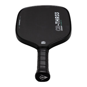 Front view of a black pickleball paddle with CR-THR33 and Dunlop branding on the face and a USA Pickleball Approved seal above a black wrapped handle.