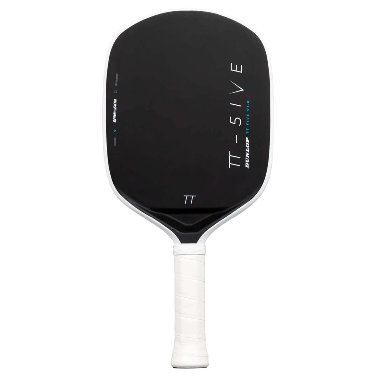 Front view of a black pickleball paddle with a white handle and edge guard, featuring vertical TT-FIVE and DUNLOP TT FIVE V1.0 branding on the hitting surface.