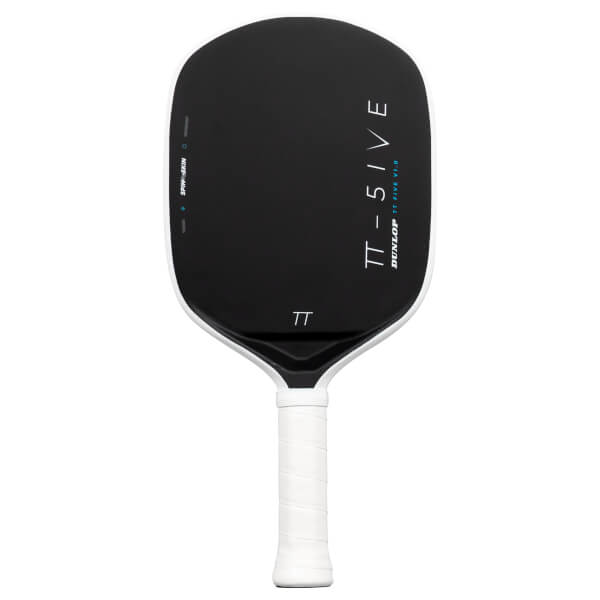 Front view of a black pickleball paddle with a white handle and edge guard, featuring vertical TT-FIVE and DUNLOP TT FIVE V1.0 branding on the hitting surface.