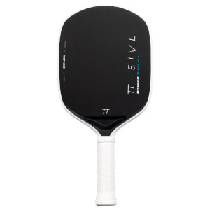 Front view of a black pickleball paddle with a white handle and edge guard, featuring vertical TT-FIVE and DUNLOP TT FIVE V1.0 branding on the hitting surface.