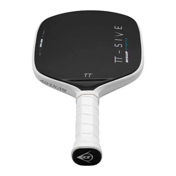 Front angled view of a black and white Dunlop TT-FIVE pickleball paddle showing the black face with "TT - FIVE" text and a white wrapped handle grip.