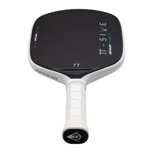 Front angled view of a black and white Dunlop TT-FIVE pickleball paddle showing the black face with "TT - FIVE" text and a white wrapped handle grip.