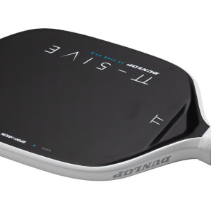 Angled close-up view of a black Dunlop TT-FIVE pickleball paddle featuring a white edge guard with the Dunlop logo and "SPINSKIN" text on the paddle face.